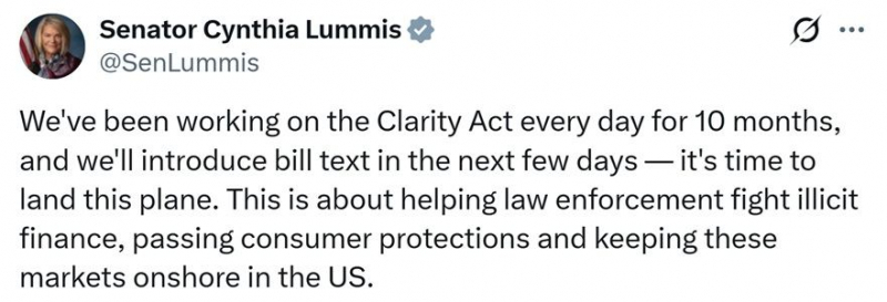 Законопроект Сената «CLARITY Act» готов к рассмотрению, текст законопроекта будет опубликован в ближайшие дни: сенатор Луммис