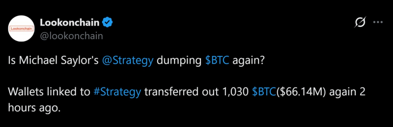 Lookonchain: Кошелек, связанный со стратегией, перевел 1 030 BTC на фоне приближающейся четвертой распродажи